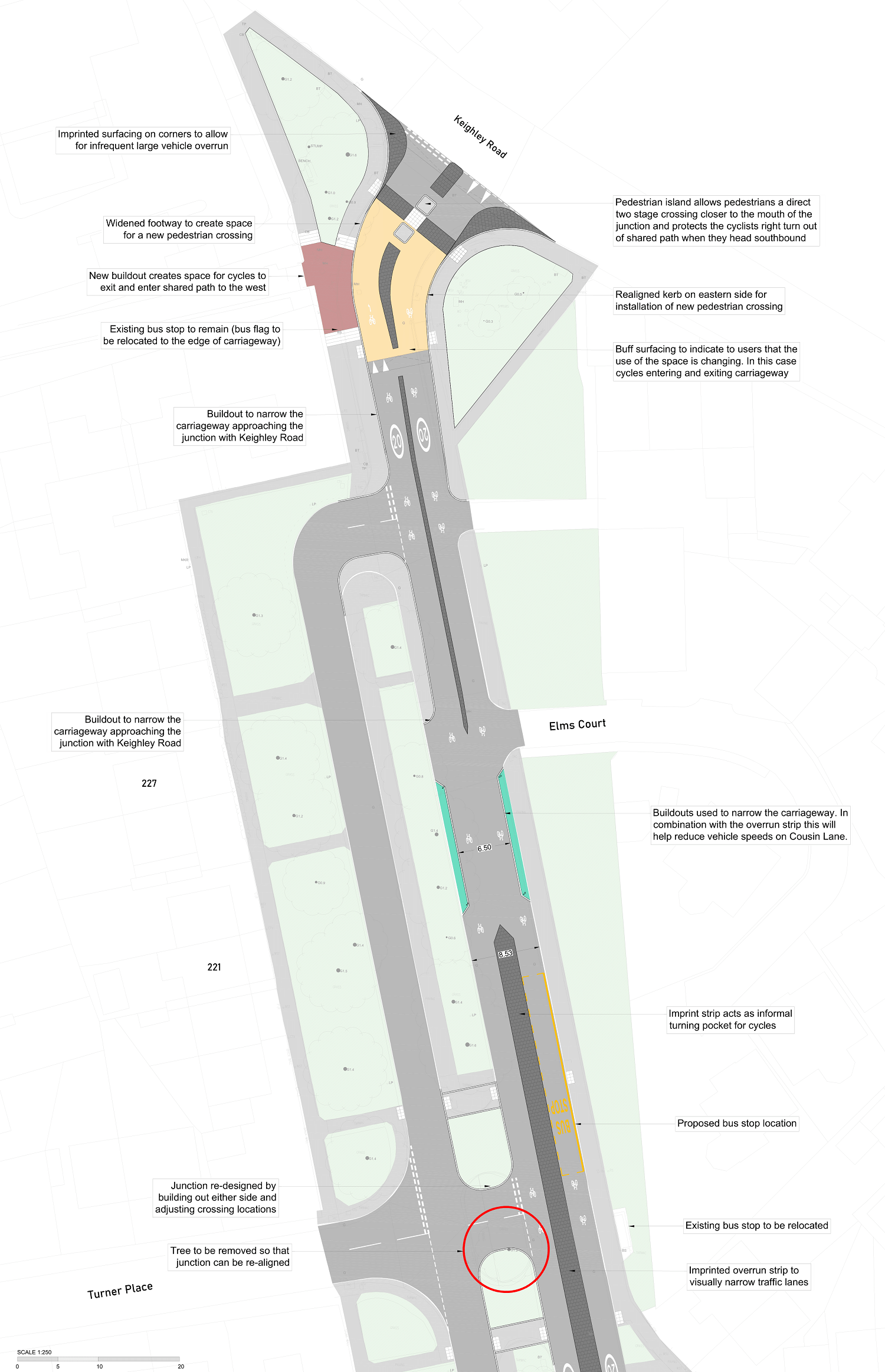 Plan features junction of Keighley Road and Cousin Lane near Morrisons. Key features include wider footways and narrower carriageways, a new two stage crossing and an imprinted strip down the centre of the road.